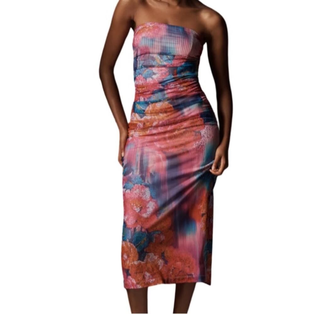 Anthropologie The Soleil Slim Strapless Ruched Mesh Dress - L